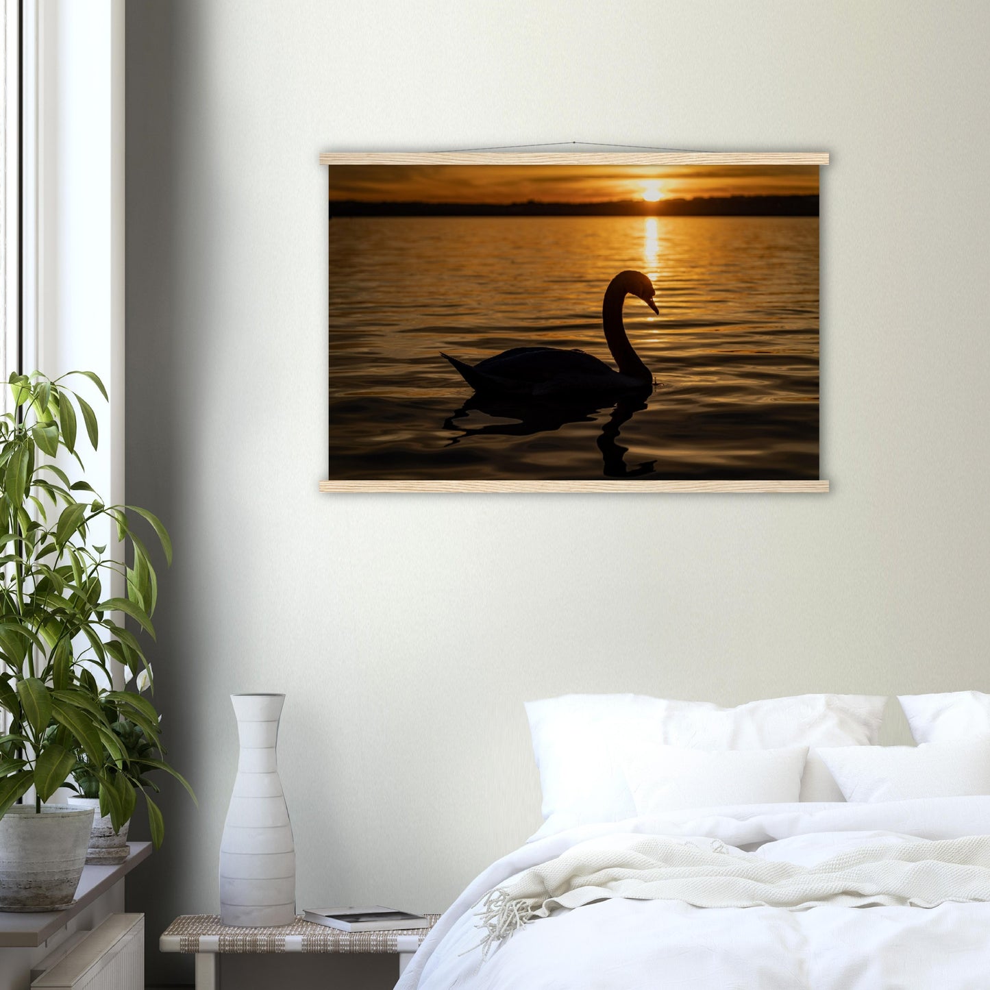 Schwan im Sonnenuntergang Premium Poster mit Holzeisten