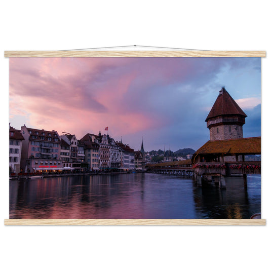 Idyllic sunset with Chapel Bridge, Lucerne - Premium poster with wooden bars